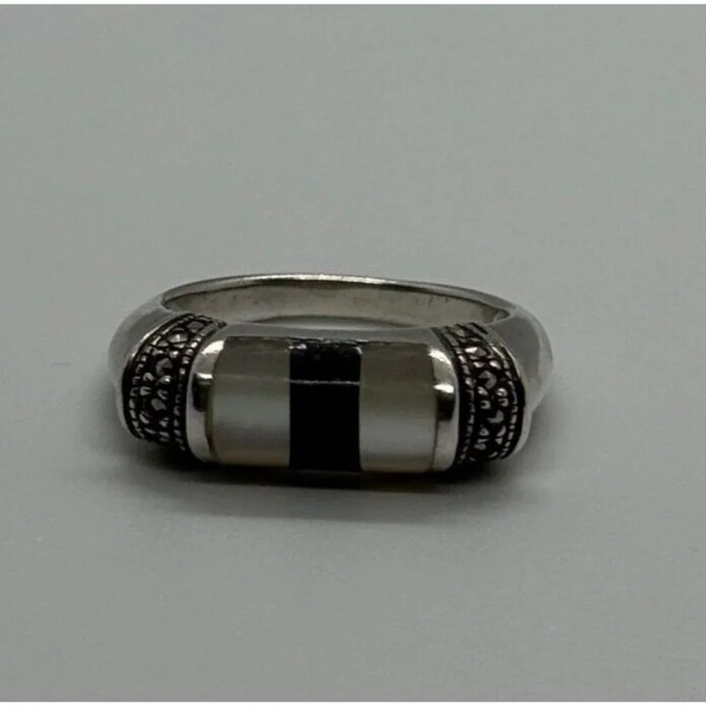 925 STERLING SILVER ABALONE, ENAMEL & MARCASITE RING SIZE 7